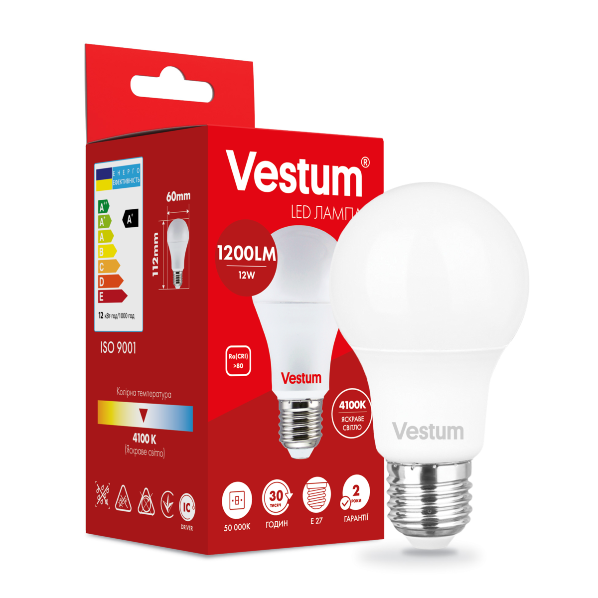 Светодиодная лампа Vestum A60 12W 4100K 220V E27 1-VS-1103