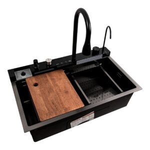 Кухонна мийка 75*45М PVD чорна Platinum Handmade “Водоспад”
