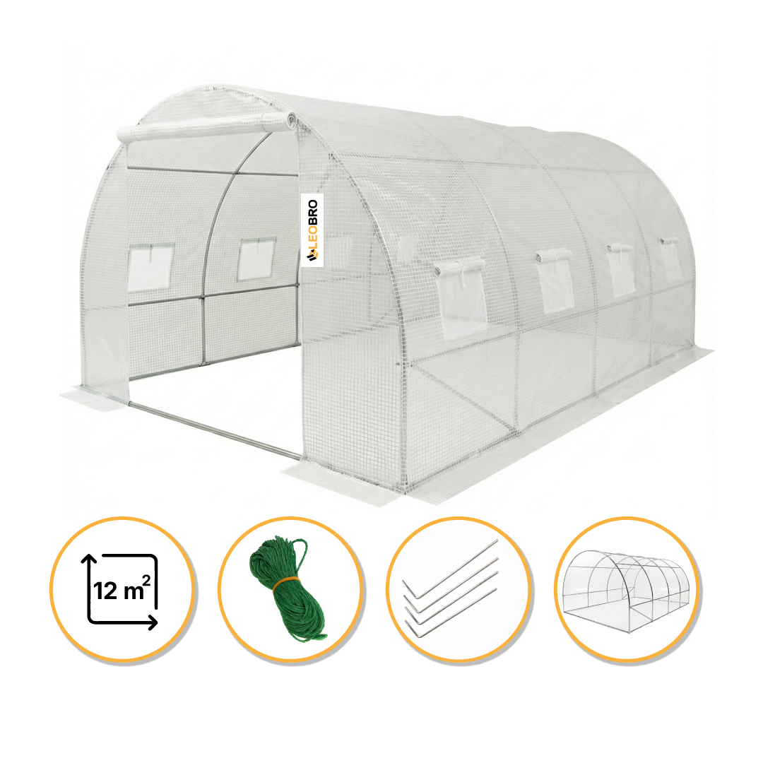 Велика садова теплиця 12м2 LEOBRO біла армована (LB-G104-WHT)